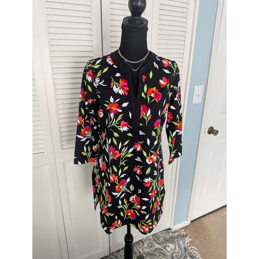 Lands' End Scuba Knit Swim Dress Womens S Floral Print Split Neck Multi Vacation